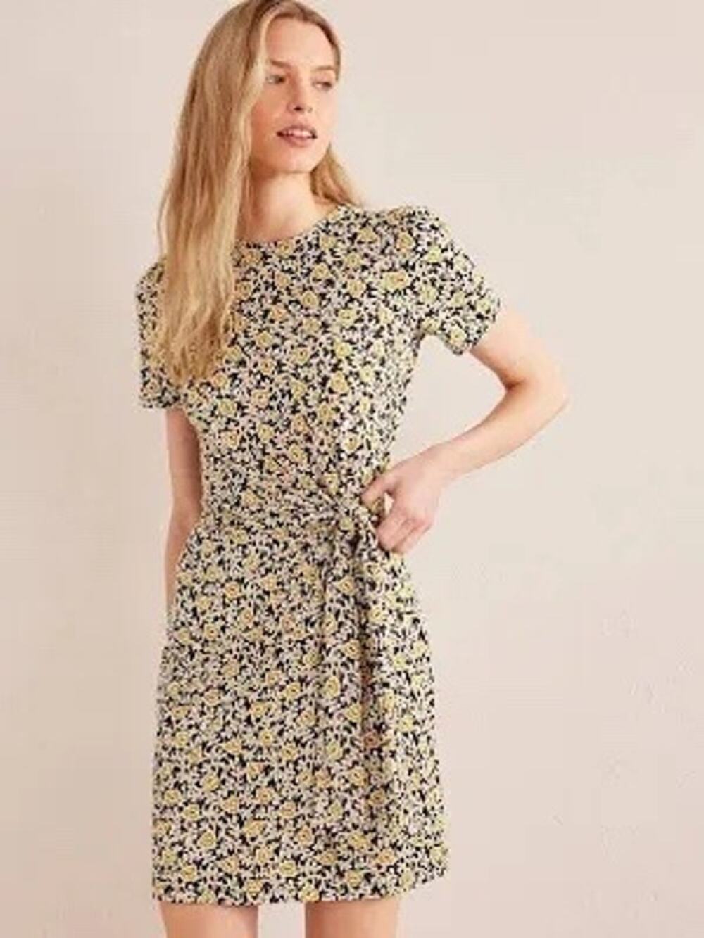Boden Tie Knot Front Jersey Midi Short Sleeve Floral Black Yellow Dress EUC 4